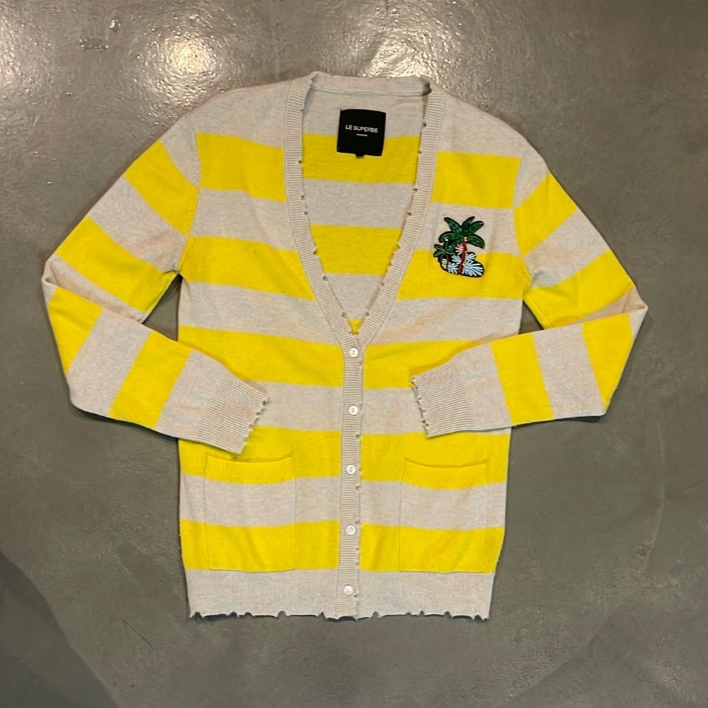 Le Superbe Stripped Cashmere Cardigan with Palm Tree Patch - Lemon Haze (M)
